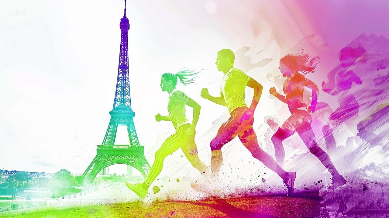 法国奥运会埃菲尔铁塔田径运动员双重曝光艺术简约背景