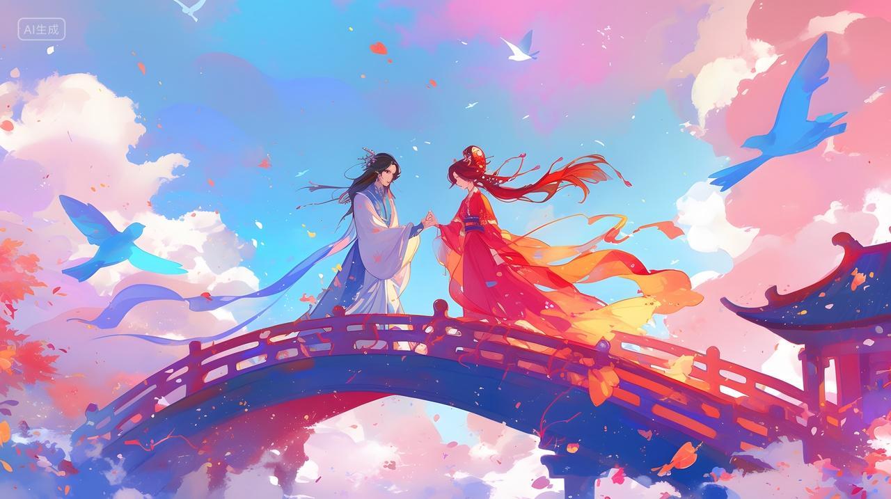 古代桥上情侣七夕赏景风景壁纸