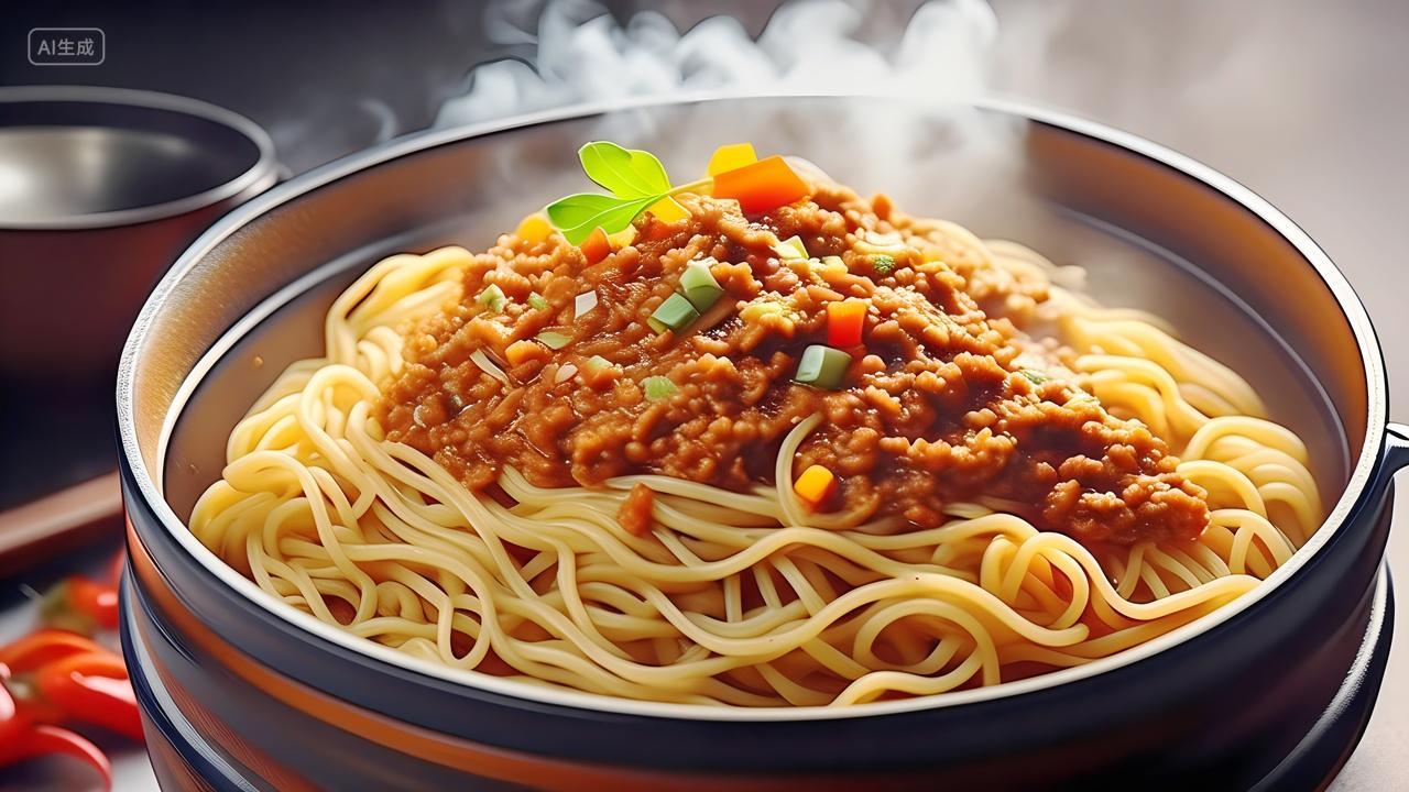 餐厅菜单摄影主图热气腾腾肉沫炸酱面