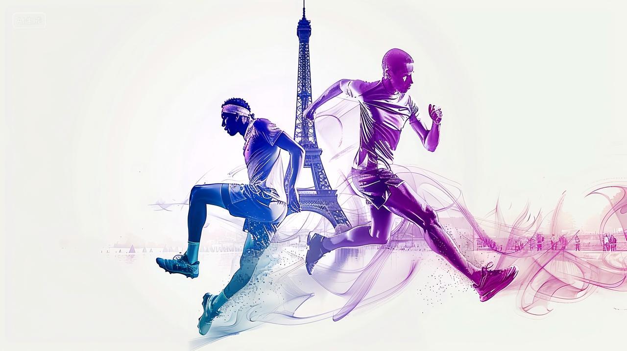 法国奥运会埃菲尔铁塔田径运动员双重曝光艺术简约背景