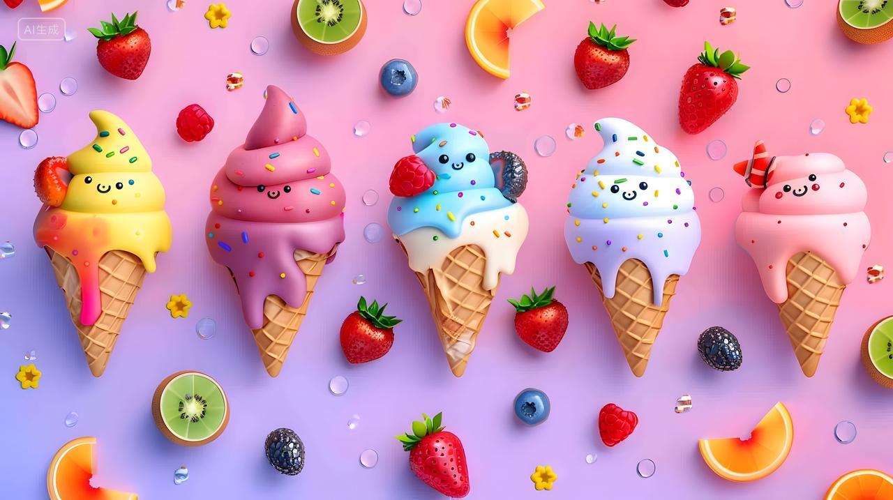 五只彩色冰淇淋甜筒水果背景