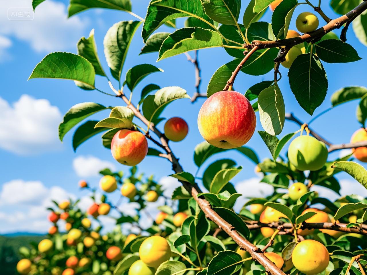 蓝天白云苹果树上一个苹果特写美味