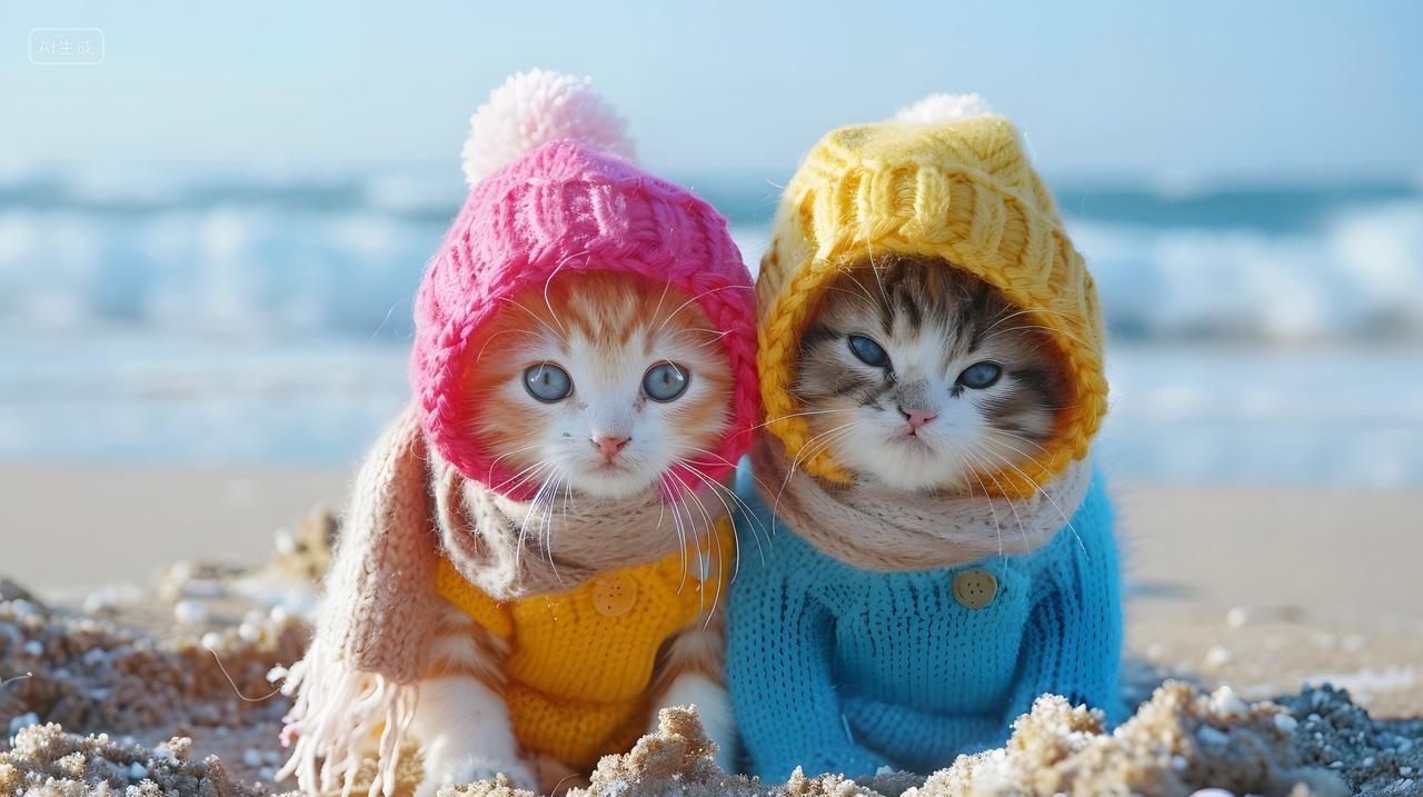 两只戴帽子和围巾的小猫在海滩上动物宠物