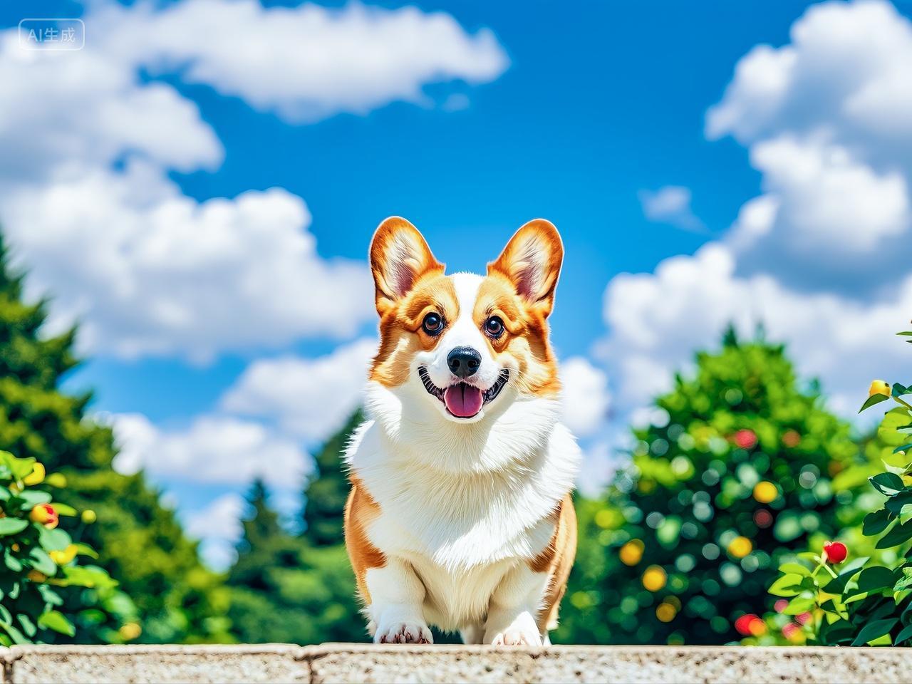 蓝天白云下可爱的柯基犬在花园里漫步动物宠物温馨舒适