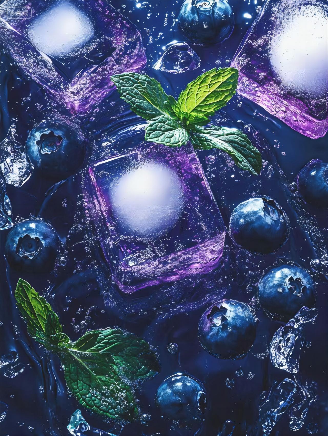 AI摄影夏季冰饮蓝莓苏打水蓝莓冰块细节图
