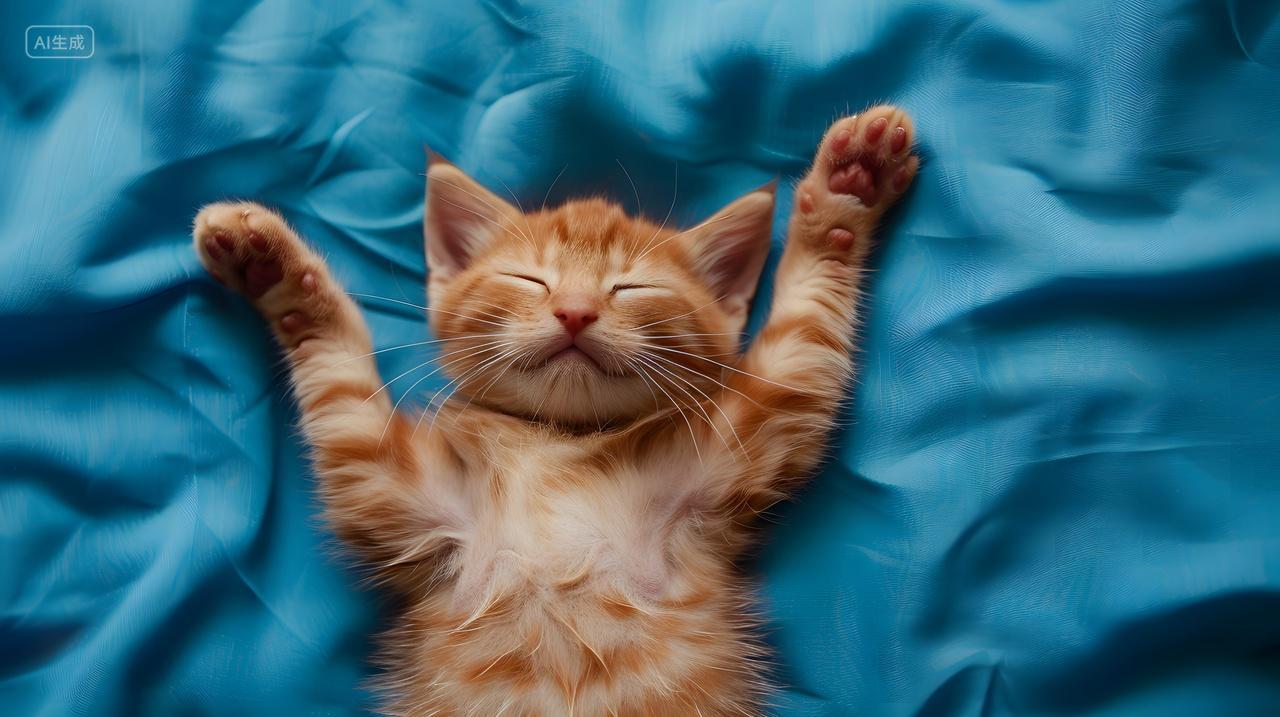 橘猫在蓝色床单上伸懒腰动物宠物