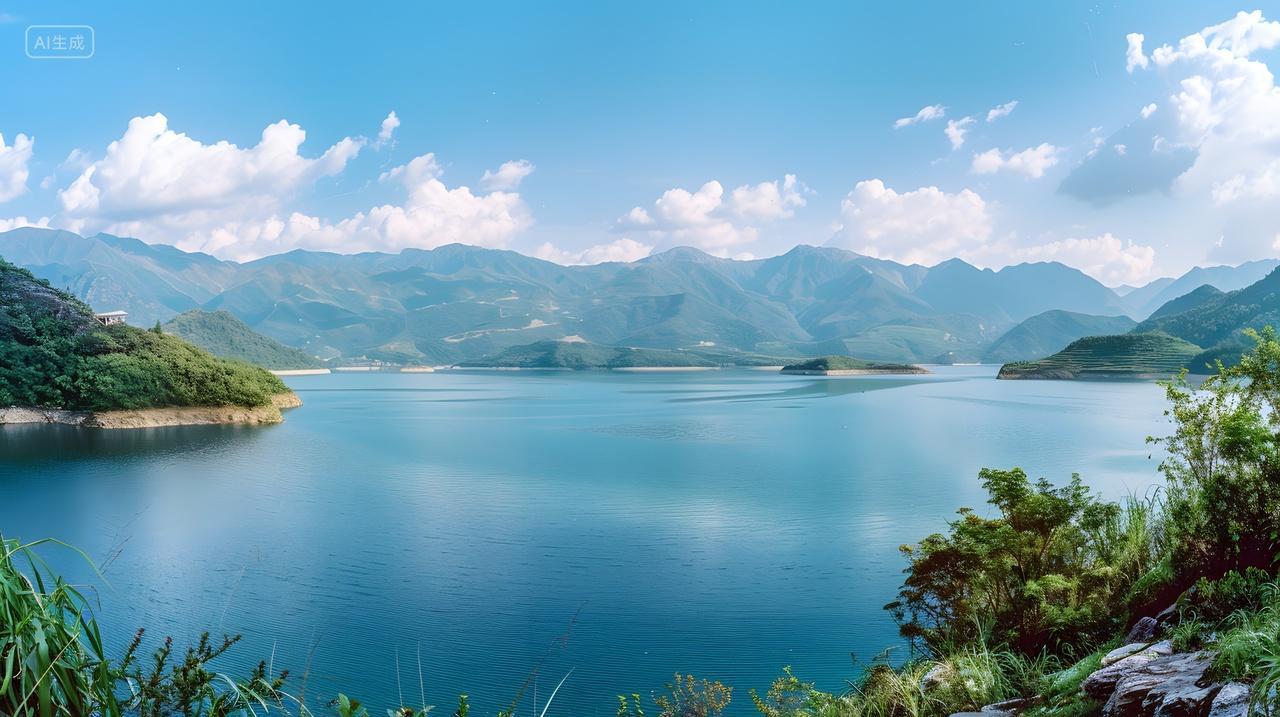 蓝天白云下的湖泊山水风光壁纸