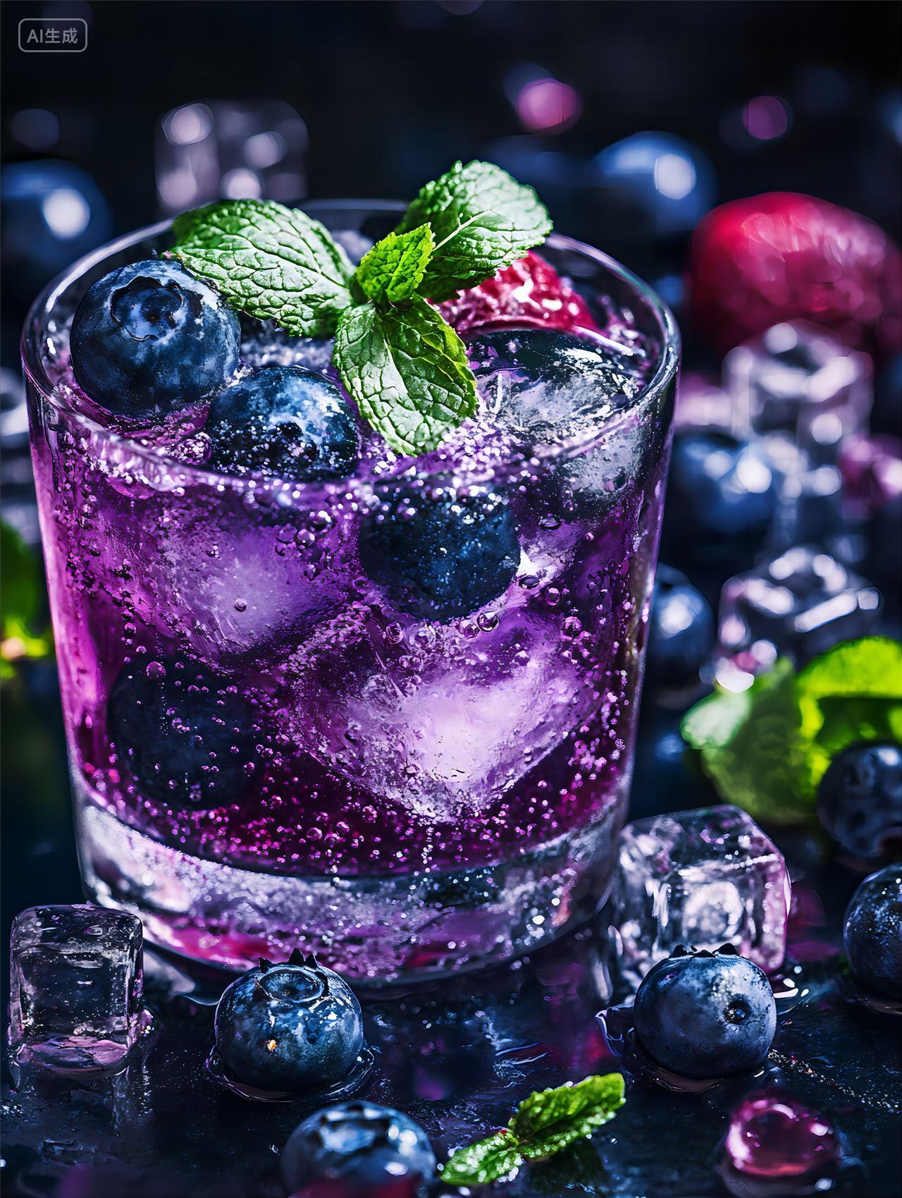 AI绘图夏季冰品蓝莓气泡苏打水静物摄影效果产品海报