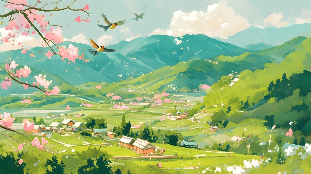 春天山谷樱花鸟飞田园风光美丽风景壁纸