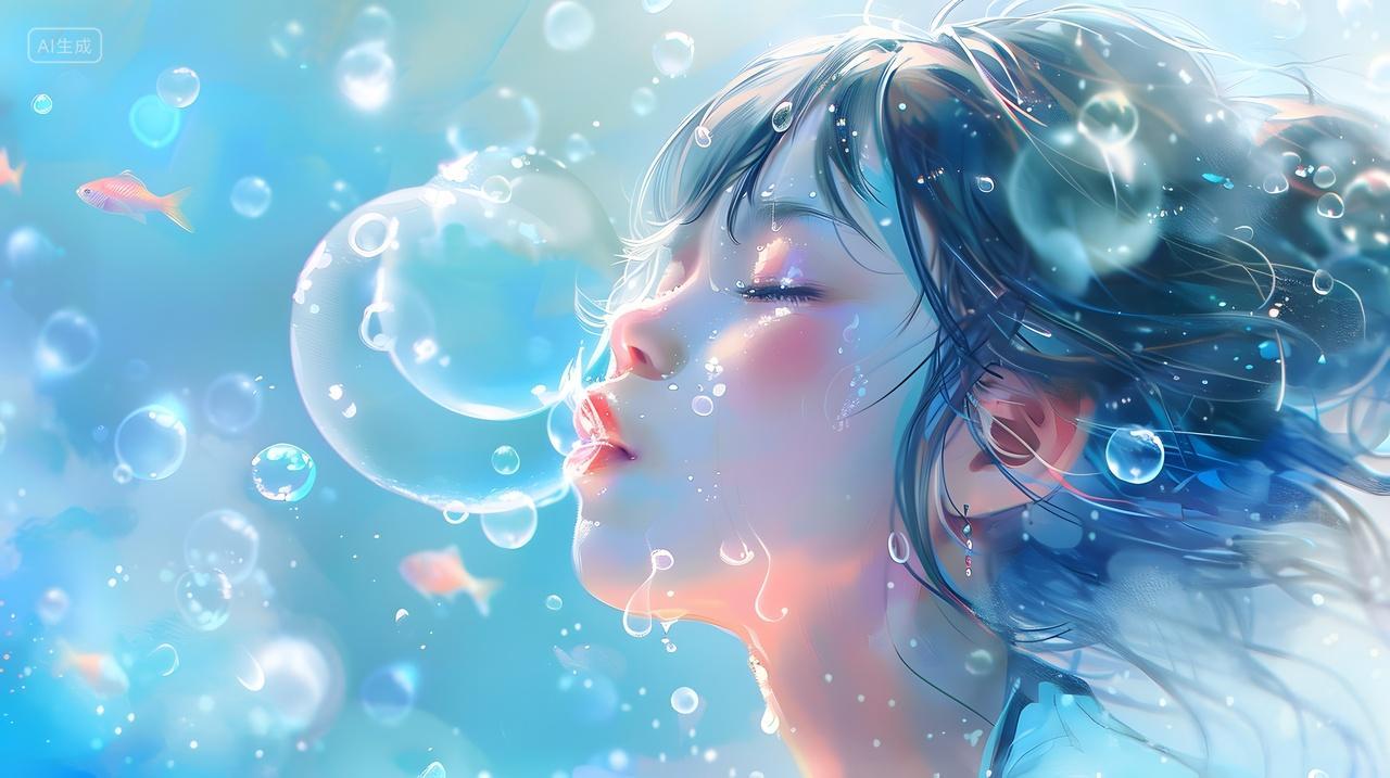 年轻女孩吹泡泡梦幻蓝色背景图