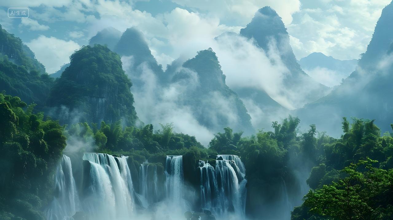 云雾缭绕的群山与瀑布景色壁纸