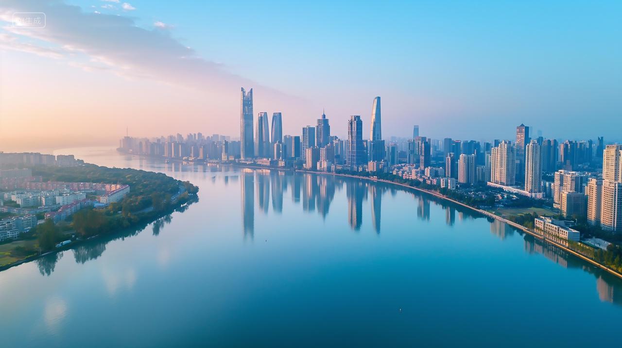 航拍河水两岸的城市建筑商务高楼大厦