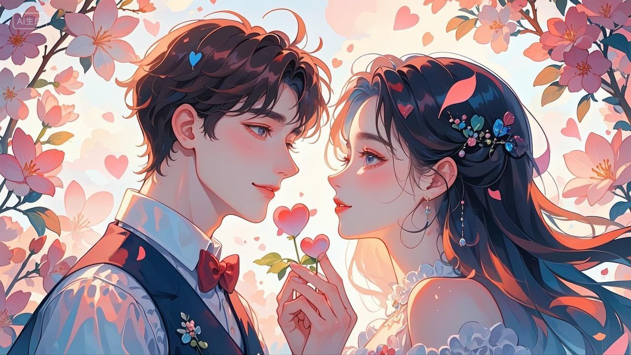 一对年轻的情侣插画七夕情人节520言情小说封面