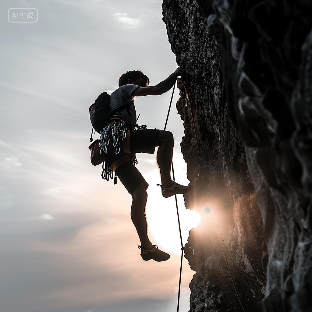 在峭壁攀岩的男士剪影风格极限运动