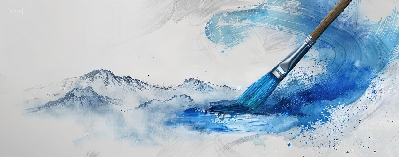 一支毛笔描绘水墨山水背景