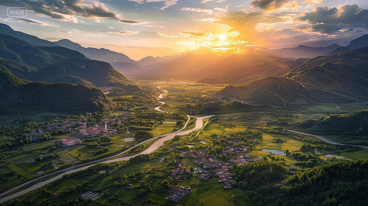 航拍夕阳下村庄远山自然风景