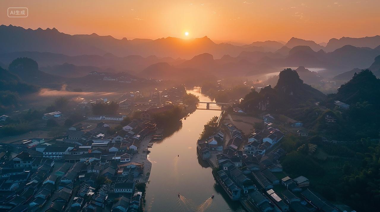 航拍日落时分河水两岸的城镇房子