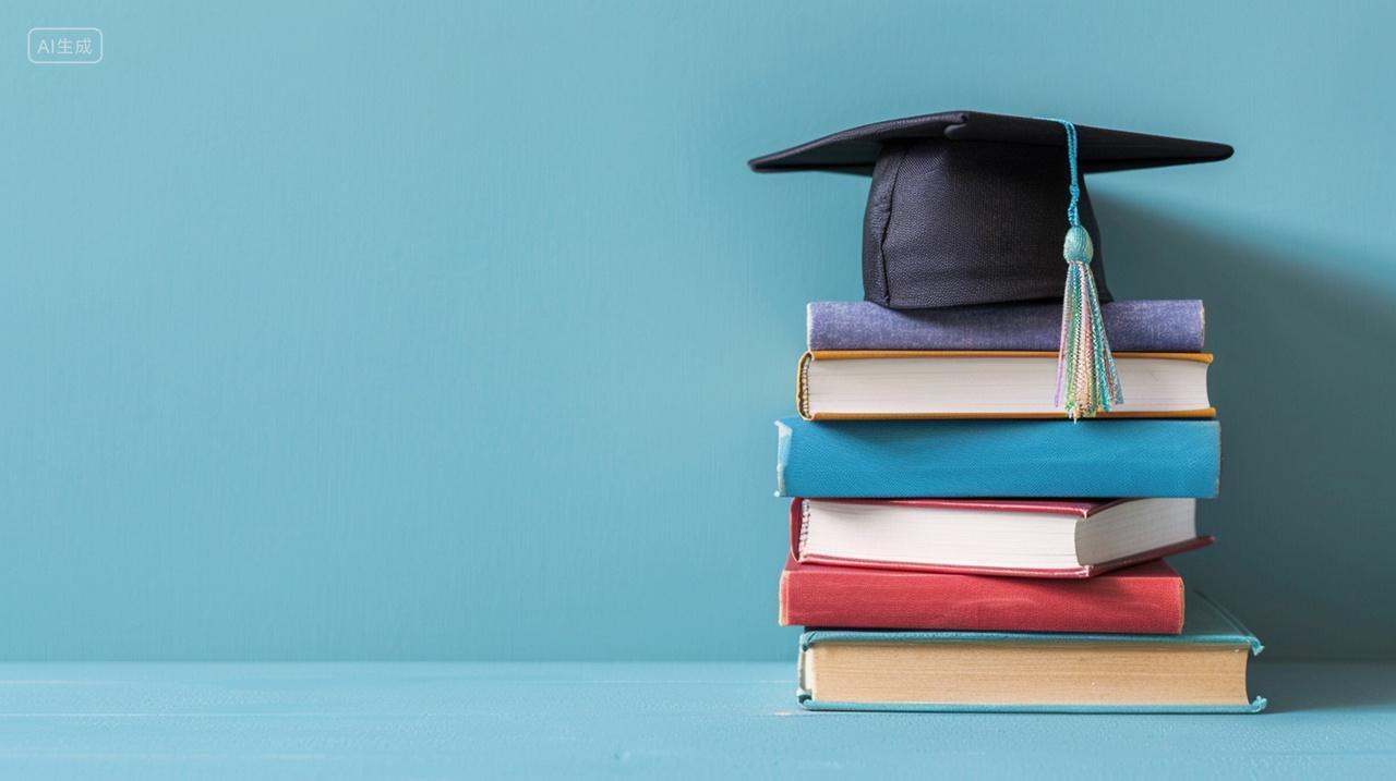 实拍绿色背景上一摞书和学士帽毕业季