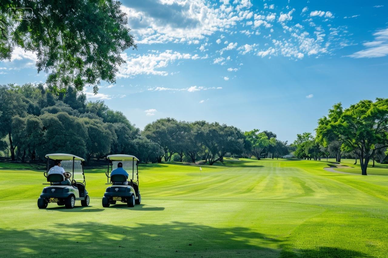 高尔夫球场上的行驶的高尔夫球车