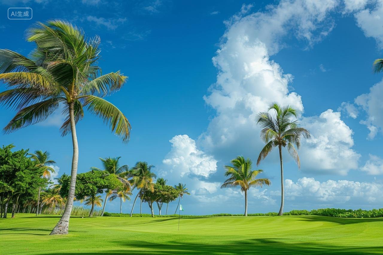 夏日海边的椰树的绿色草坪