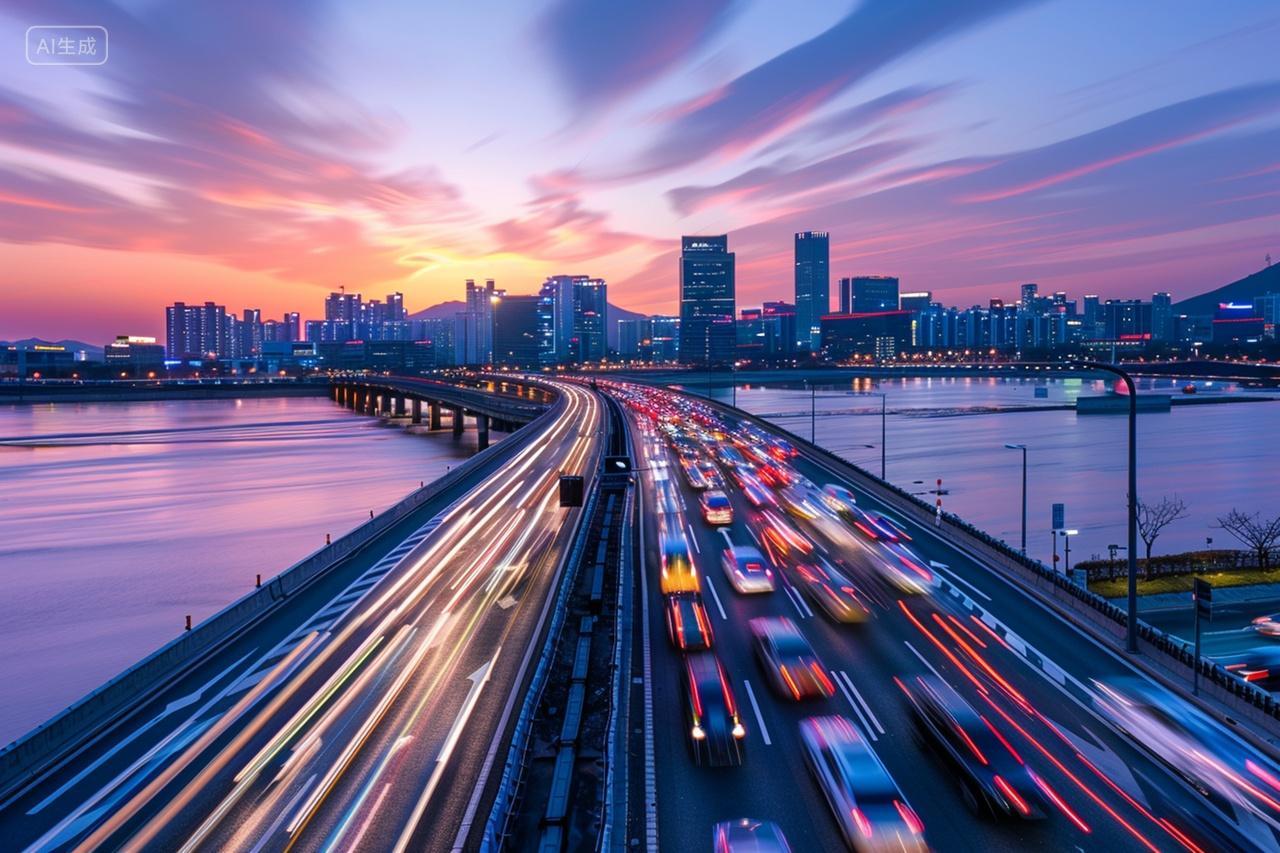 延时摄影海上高速公路上的车辆车流