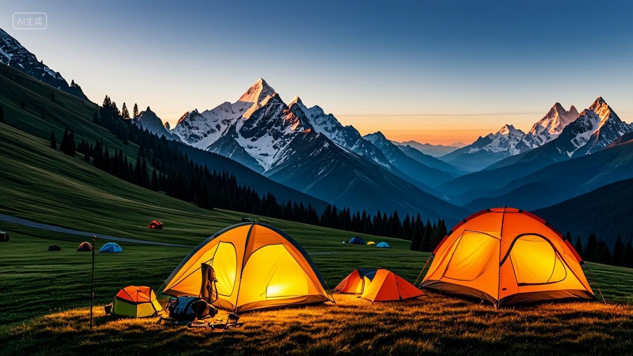 傍晚在山上搭帐篷露营装备户外旅行风景背景