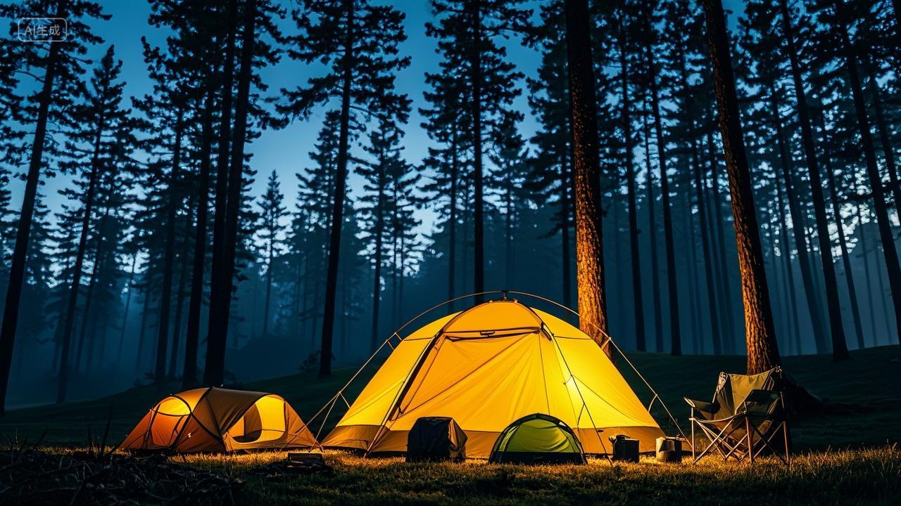 傍晚森林里搭帐篷户外露营旅行