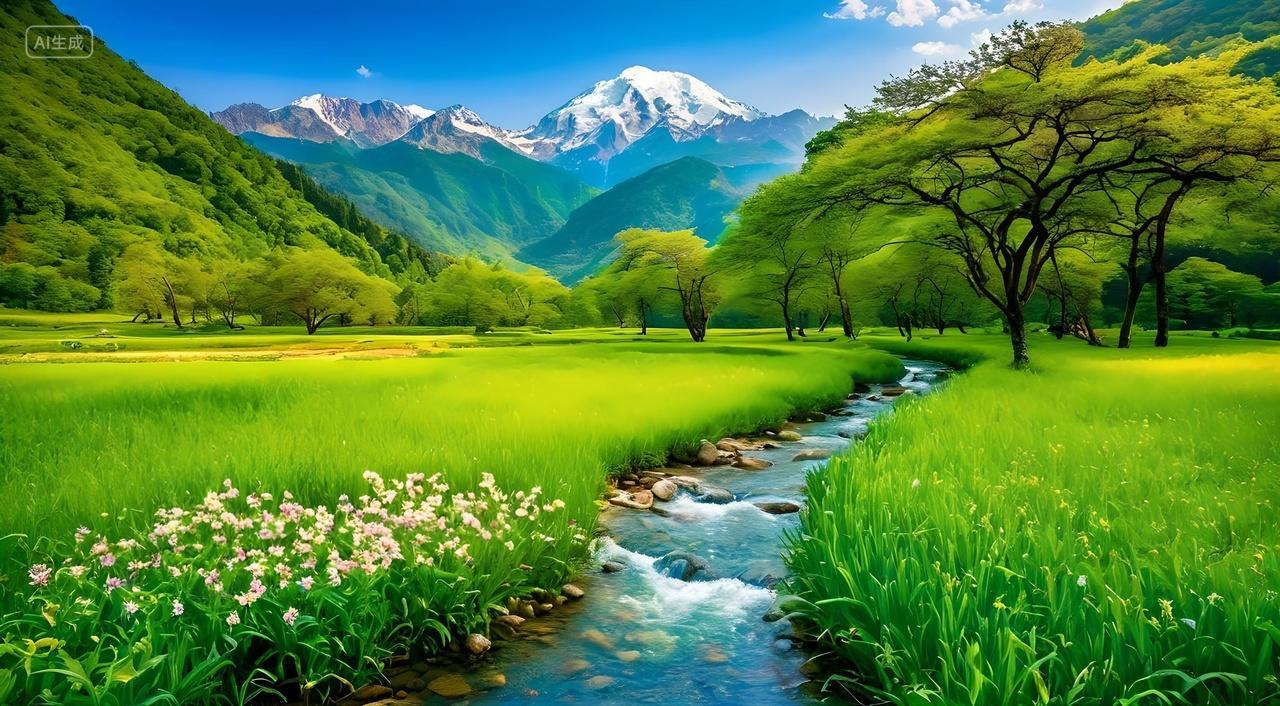 蓝天白云花草树木高山流水高清电脑壁纸