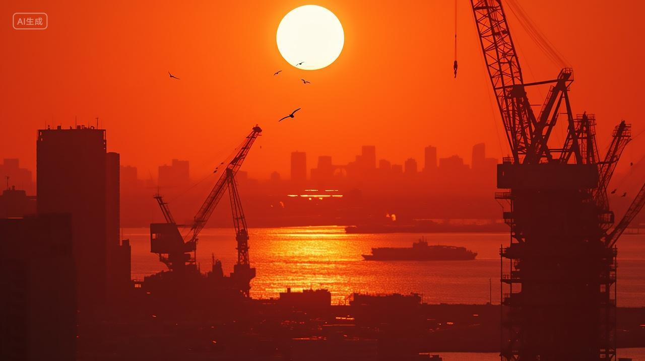 夕阳下海边油田开采设备