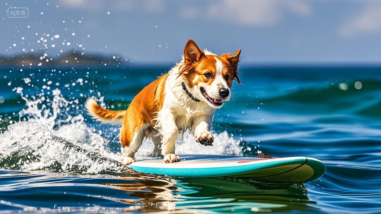 夏日海里冲浪板上冲浪的小狗风景壁纸