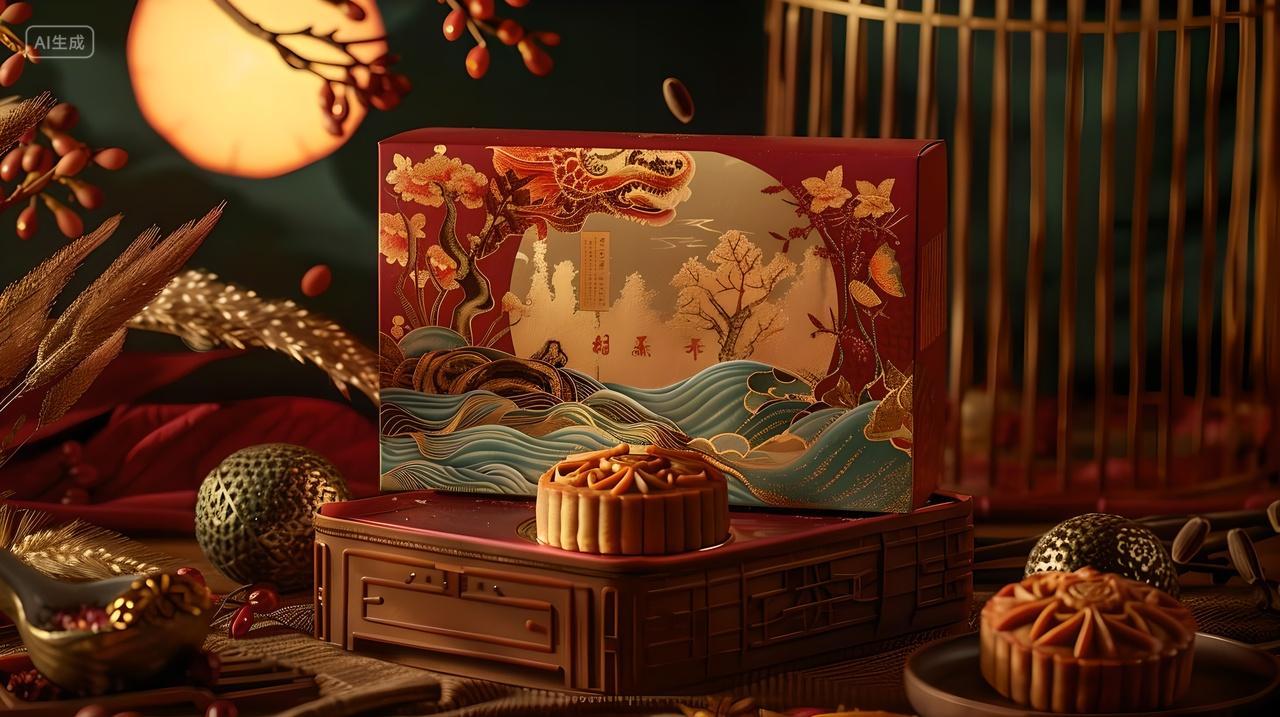 中秋月饼壁纸正面拍摄一个高档月饼礼盒商用插图