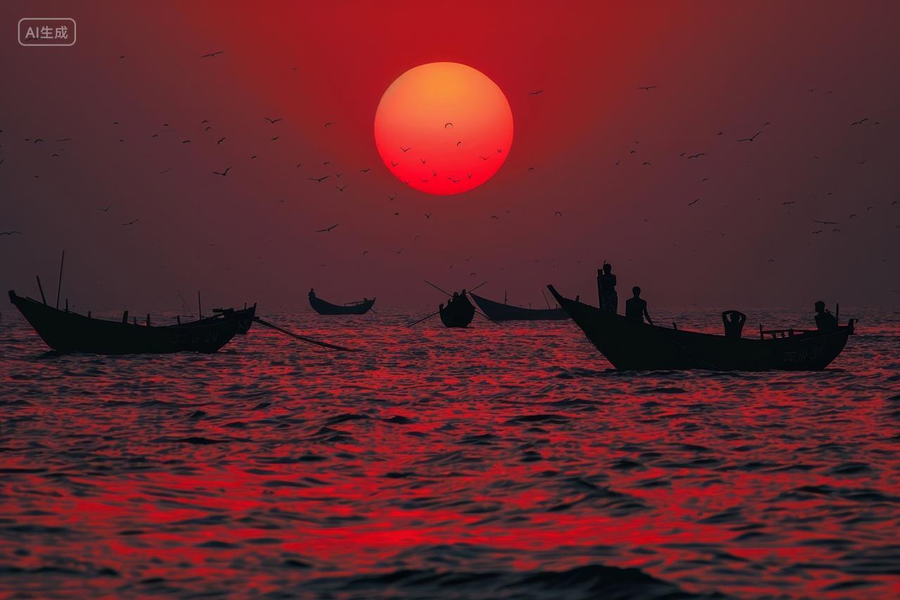 红日下的海面的返航的渔船