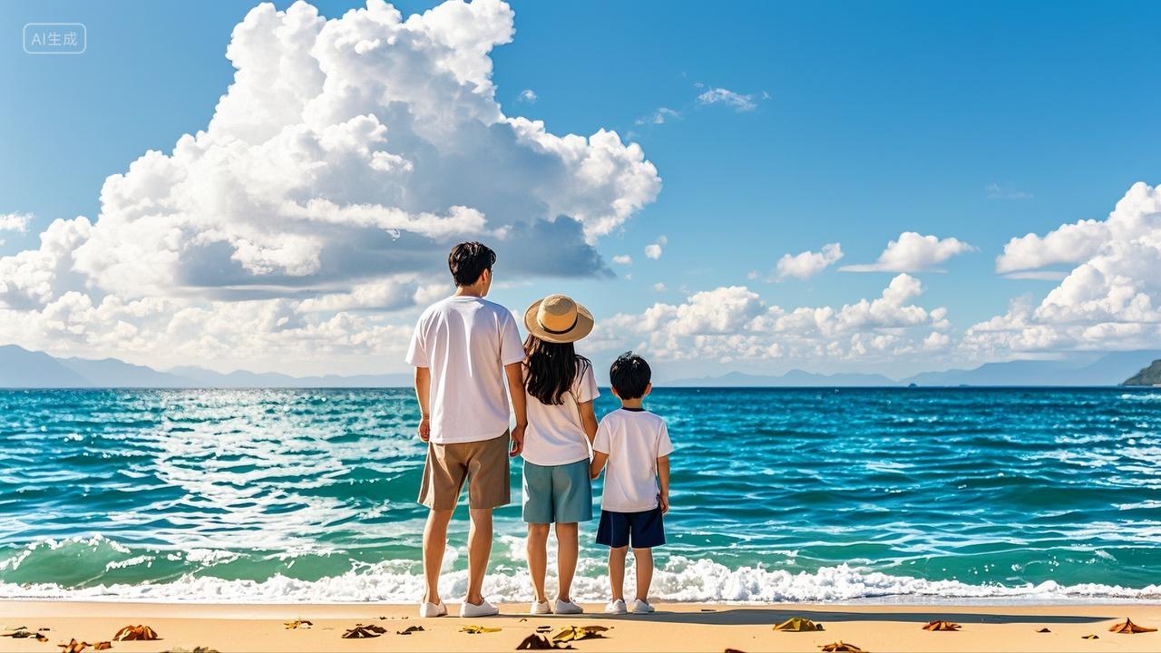 一家三口海滩看海度假休假旅游