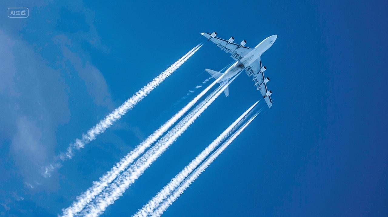 仰拍蓝天上飞行的一架飞机航空空运旅行