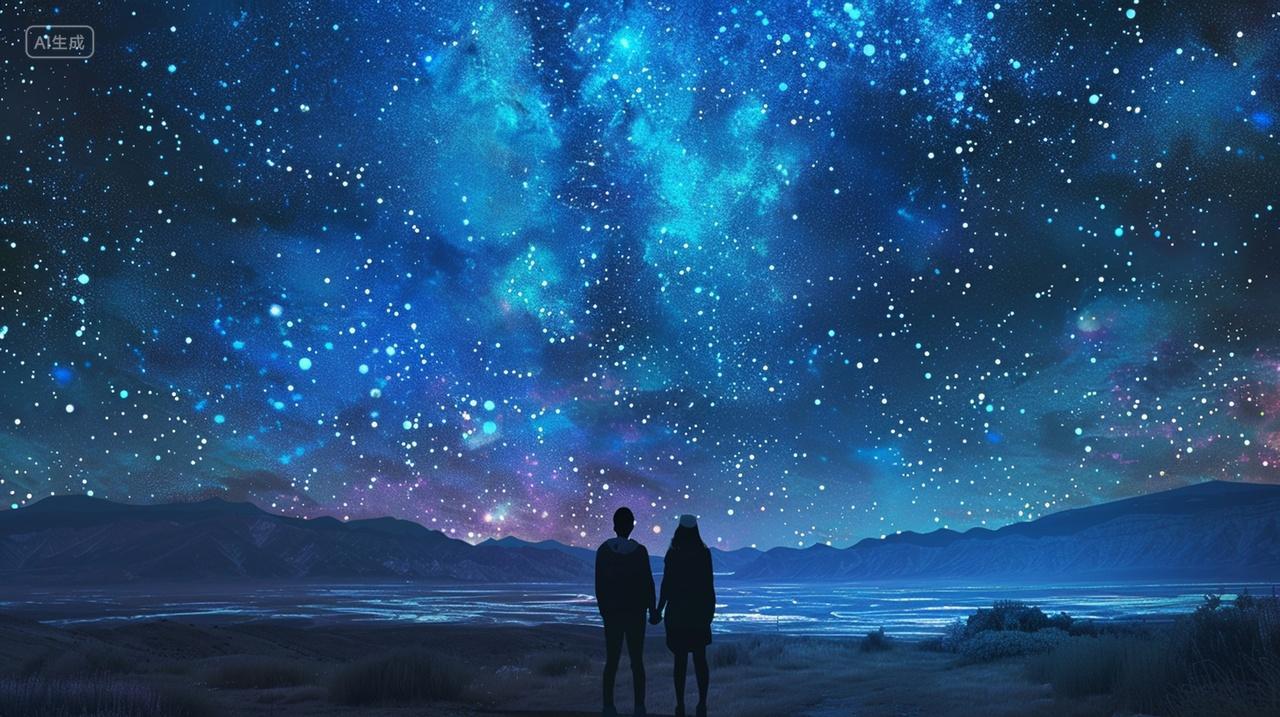 手拉手的情侣欣赏夜晚唯美的星空七夕节