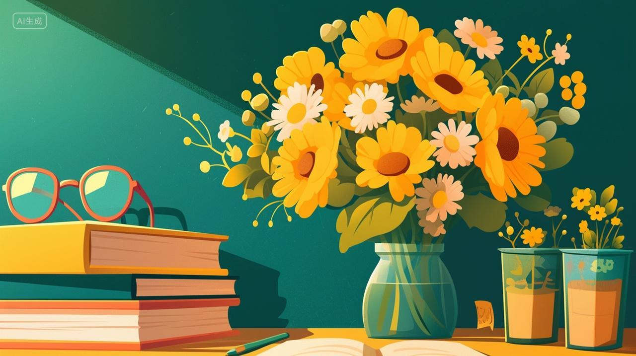 手绘水彩桌子上的书本和花朵感恩教师节