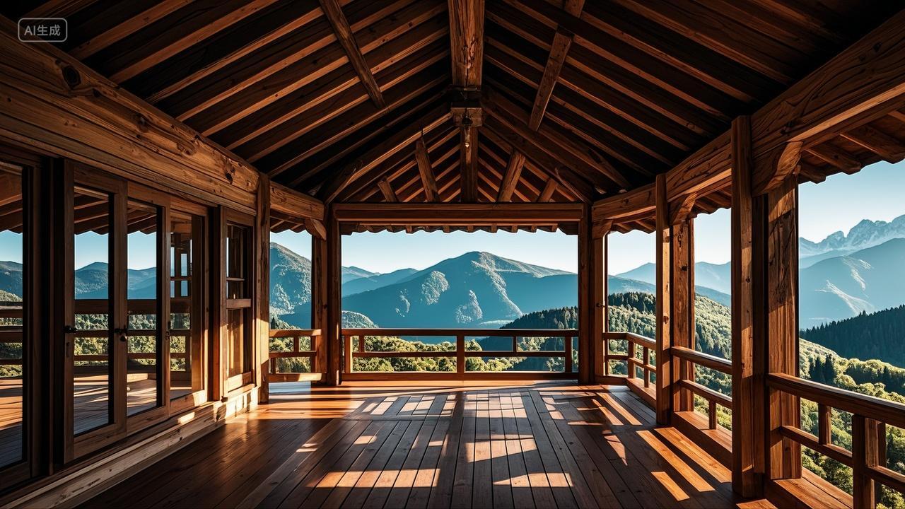 山顶木制阁楼观景台自然风景背景