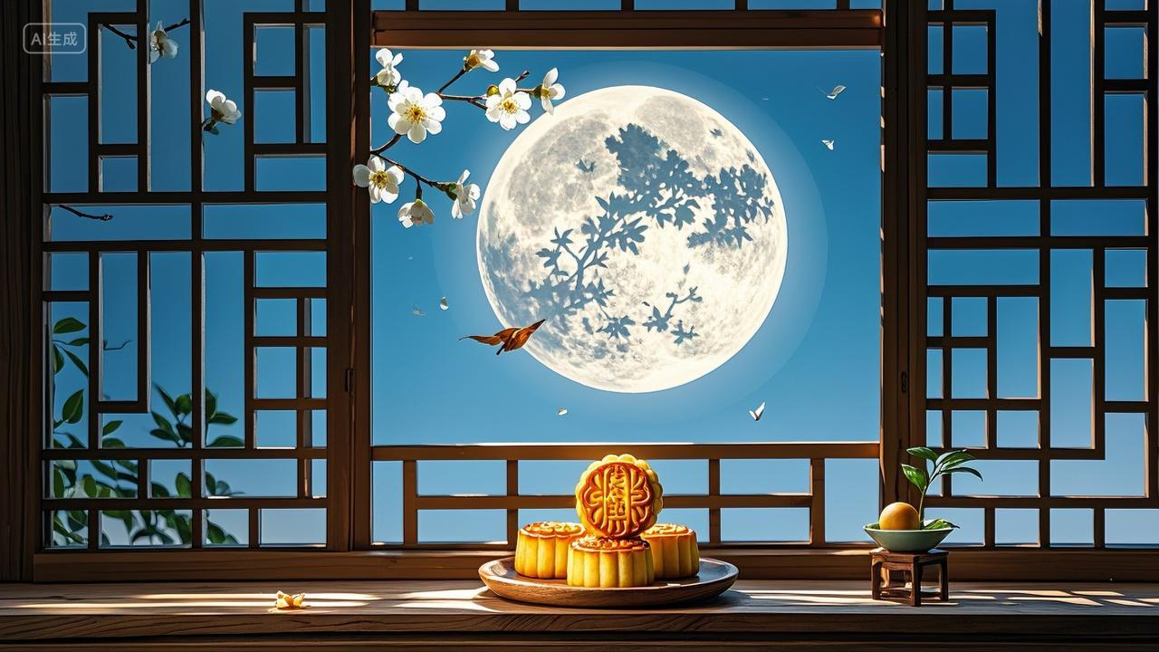 木窗前月色下的精致中秋月饼八月十五中秋节