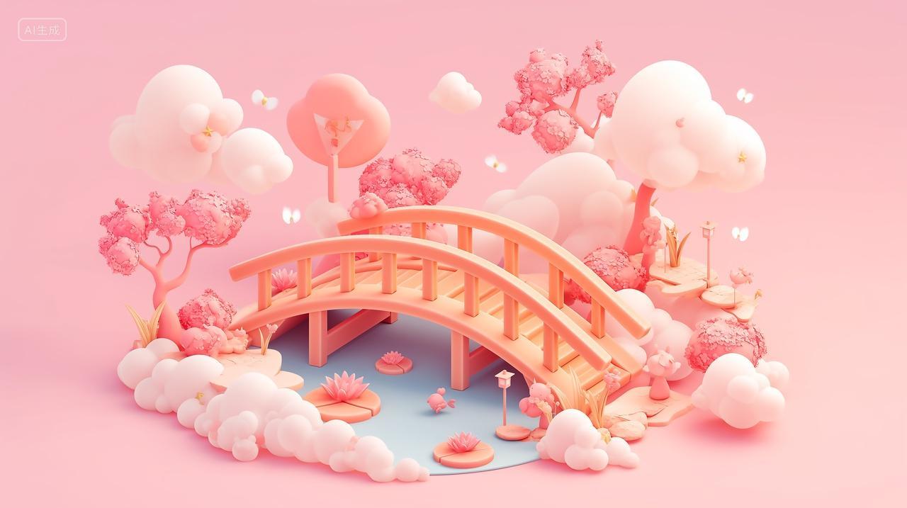 3D手绘渲染七夕节拱桥爱情装饰背景