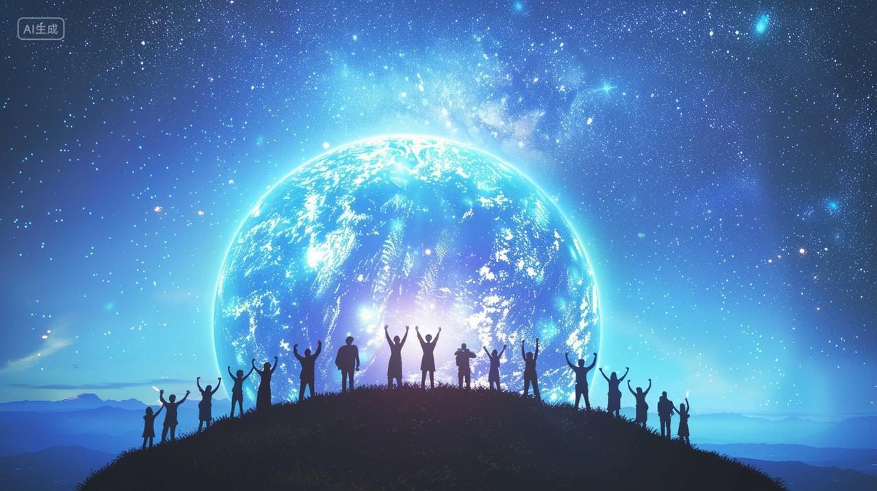 一群人站在月球下面