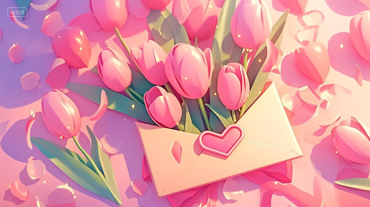 卡通水彩粉色唯美郁金香花卉情人节七夕背景