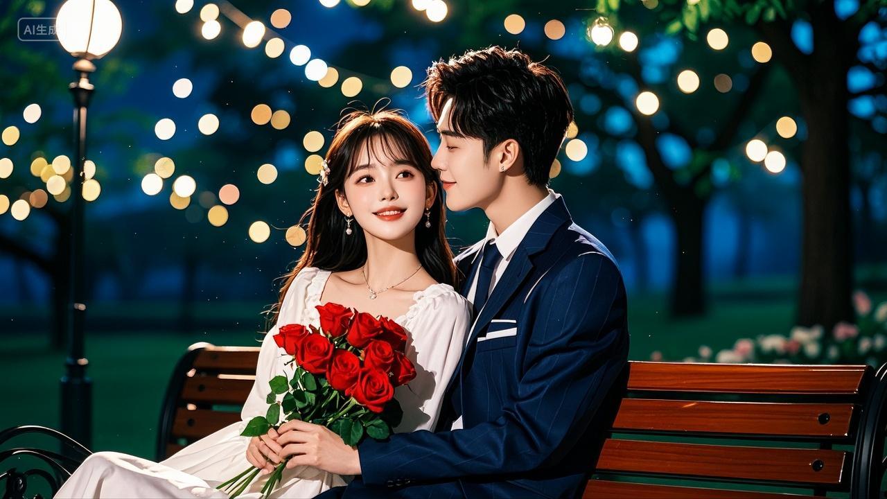 一对情侣坐在公园长椅上约会七夕情人节520