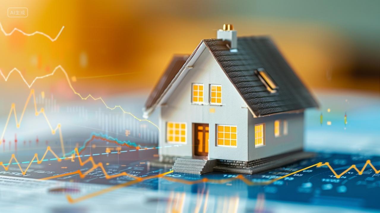 房子符号坐在一个条形图-股票市场和房地产概念地产宣传