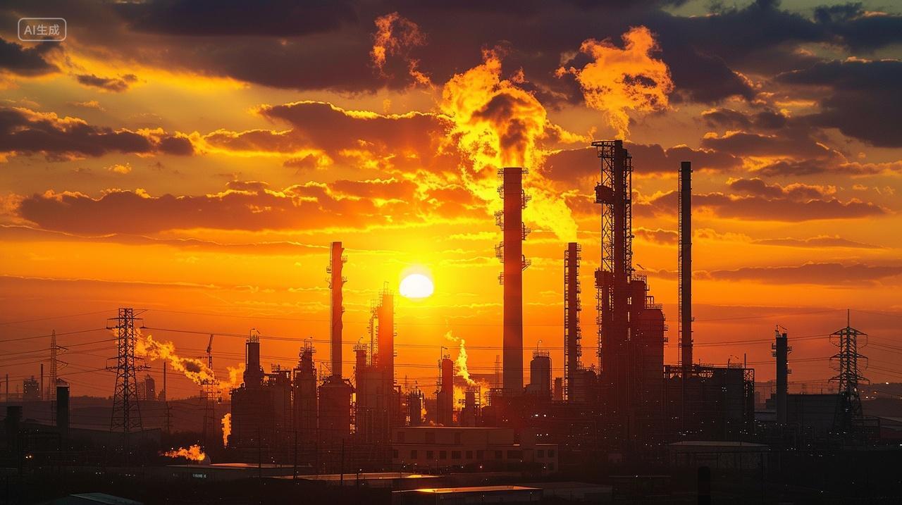 夕阳下的工业工厂背景