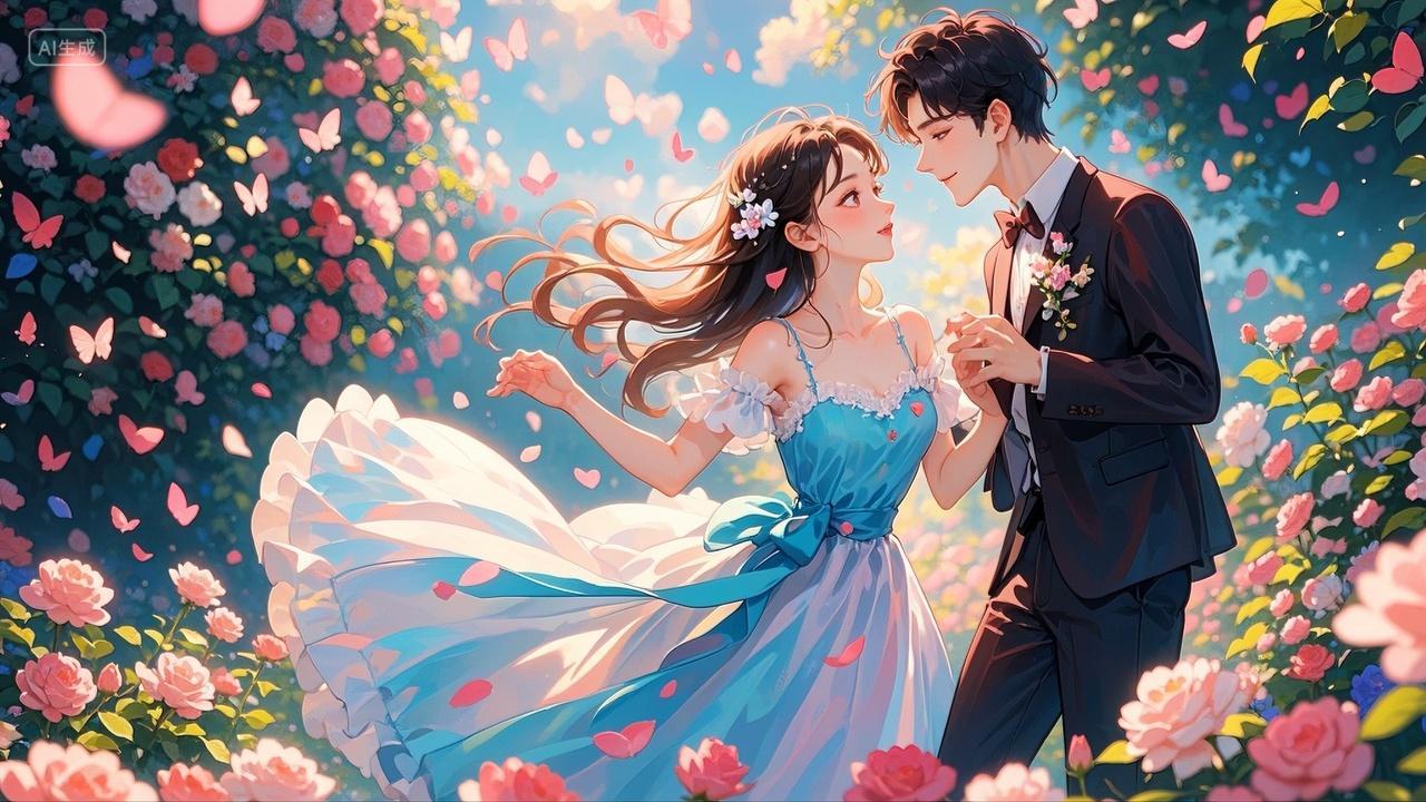 七夕花园里约会的情侣插画七夕情人节520