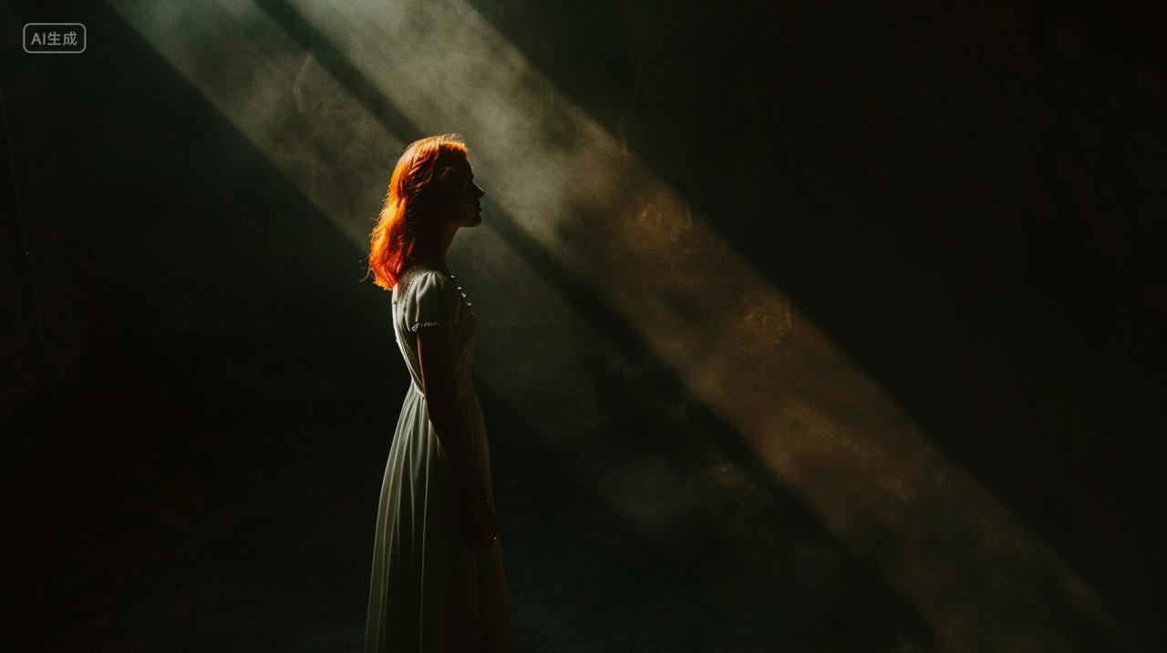 一个女孩孤独地站在光下