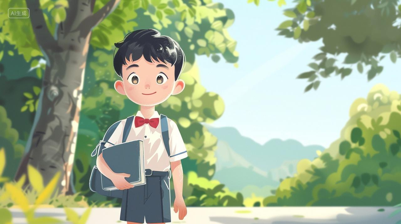 手绘手拿书本走在路上的小男孩