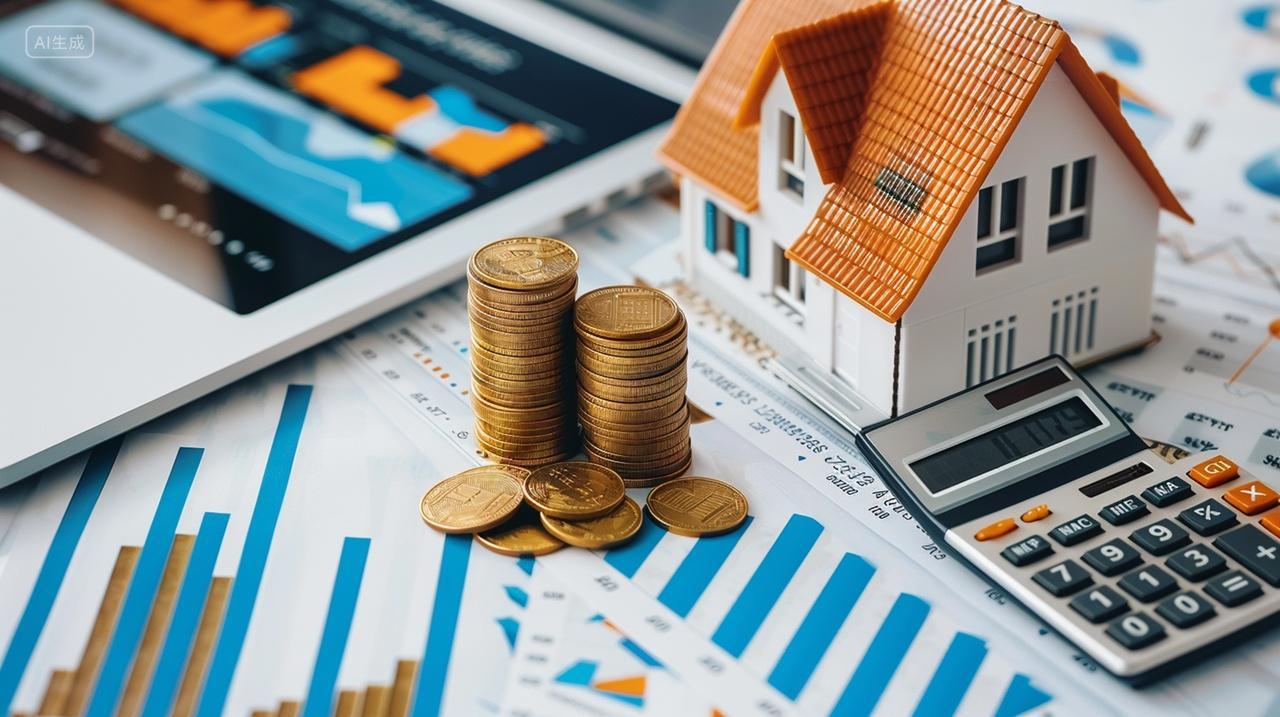 商务金融图表上的计算器和小房子模型