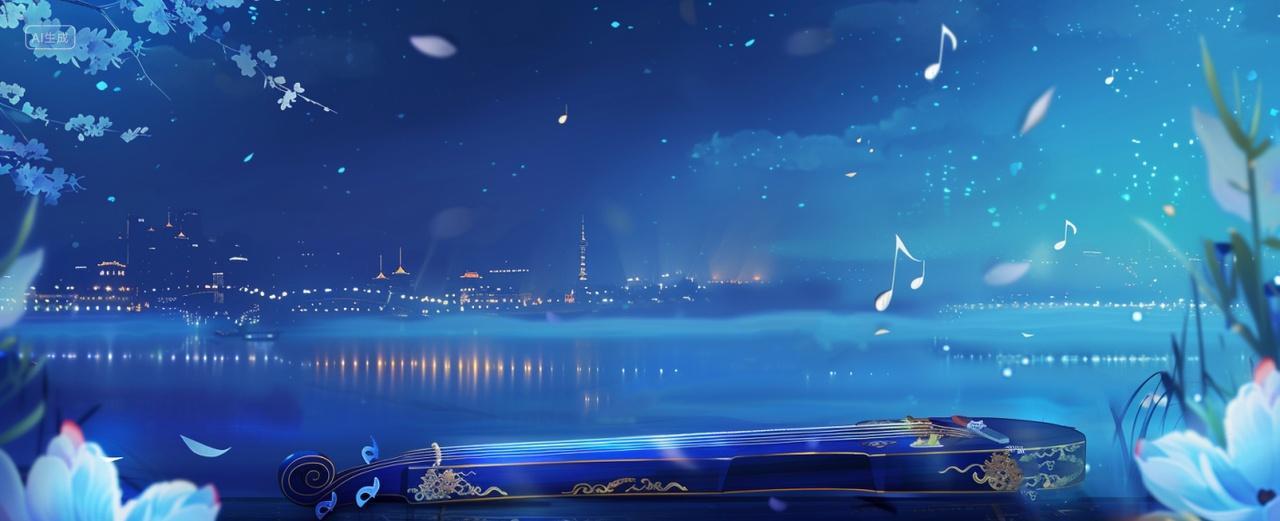 城市的湖边有一个古筝商业海报背景