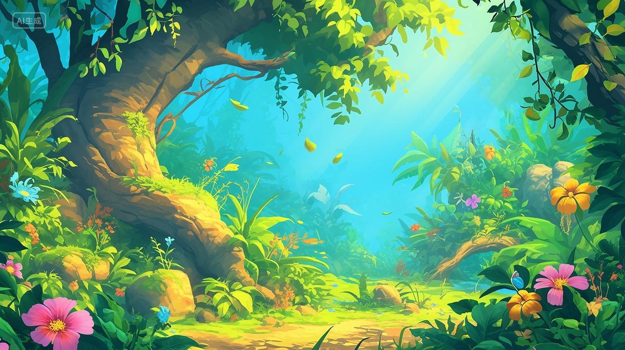 卡通手绘梦幻森林树木春天来了漫画场景